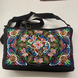 NWOT- Embroidered Black Floral Women's Bag 11” x 7” x 3”